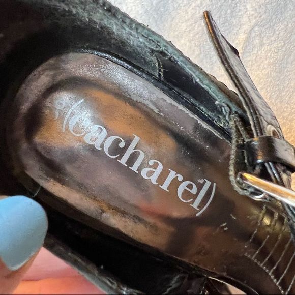 Vintage Cacharel Sandals T-Strap Heels Kitten Heel leather black green 5 - Picture 11 of 14